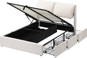 Łóżko z pojemnikiem z weluru - 140x200cm - z 3 szufladami - Beżowy (bez materaca)