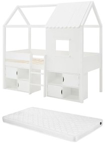 Łóżko podwyższone domek 90 x 190 cm - Drewno sosnowe i MDF + Materac - Biały – VALESKIA