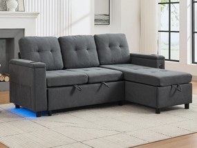 Kanapa narożna 3-osobowa 208x146x89,5 cm - Składana - z oświetleniem LED - z uchwytem na kubek i torbą do przechowywania - Szary