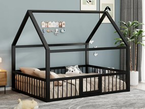 Łóżko domkowe dziecięce 140 x 200 cm - rama łóżka metalowa - z barierkami - Czarny​ (materac nie jest wliczony w cenę)