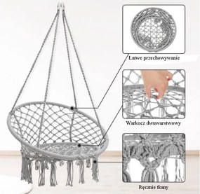 Krzesło brazylijskie fotel wiszący Magia Wypoczynku w stylu boho B-3101C szary