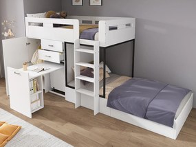 Łóżko piętrowe wielofunkcyjne - 2x90x200 cm - z szafą i wysuwanym biurkiem - Białe (bez materaca)