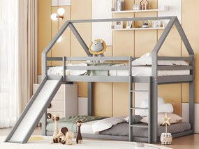 Łóżko piętrowe domek z zjeżdżalnią i drabinką - 140x200cm - rama z litego drewna sosnowego - Szary