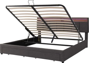 Łóżko tapicerowane 180x200cm z lnu z szufladą i LED - zagłówek do przechowywania - stelaż na listwy - Szary