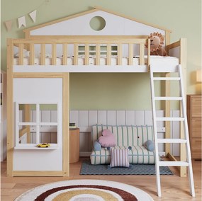 Łóżko piętrowe dla dzieci - 90 x 200 cm - ze schodami, dachem i oknem - sosna i MDF - białe i naturalne