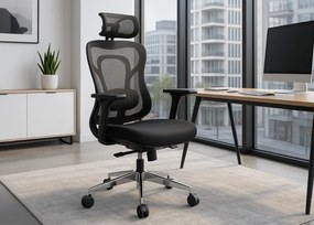 Ergonomiczny fotel biurowy Ergo Gamma czarny z regulowanym zagłówkiem, wsparciem lędźwiowym i podłokietnikami 4D. Nowoczesny design, przewiewna siatka i chromowana podstawa dla wygody i stylu.