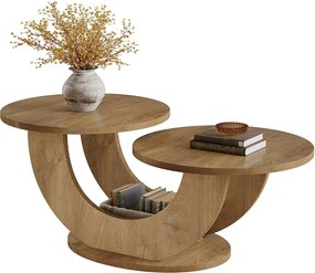 Okrągły stolik kawowy do salonu, dwupoziomowy stolik kawowy w stylu rustykalnym z ramą w kształcie litery U, niski stolik koktajlowy do domu, mieszkania, naturalny