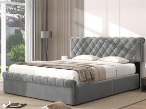 Łóżko ze schowkiem 140 x 200 cm z regulowanym zagłówkiem - aksamit - stelaż listwowy - styl skandynawski - szary
