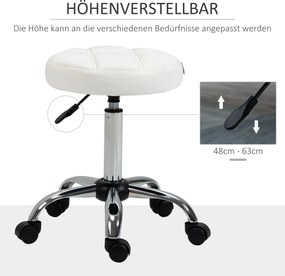 HOMCOM Stołek obrotowy, Stołek salonowy, regulowany, sztuczna skóra, pikowany wzór, Ø35,5 x 48-63 cm, Biały/Srebrny