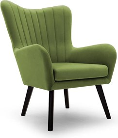 Fotel TED z tkaniny Velluto, wysoka oparcie, szerokie siedzisko, czarne nogi, pionowe przeszycia, 76x78x100 cm, jasnozielony