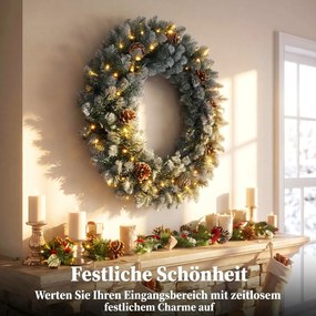 HOMCOM Wieniec świąteczny 60 cm oświetlony, wieniec drzwiowy z 50 LED, szyszki, sztuczny śnieg na Boże Narodzenie i adwent, drzwi wejściowe | Aosom PL