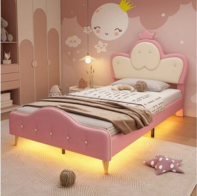 Łóżko tapicerowane 90 x 200 cm z wezgłowiem - wzór Crown - diody LED - skóra ekologiczna i nogi metalowe - różowy + biały (bez materaca)