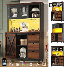 Nowoczesna komoda kuchenna - 104 x 40 x 180 cm - z drzwiami przesuwnymi + diody LED + 3 szuflady - MDF + szkło + metal - czarna