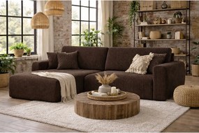 Narożnik z funkcją spania i pojemnikiem Ariel L, tkanina sztruksowa Poso, Brązowy, Lewy