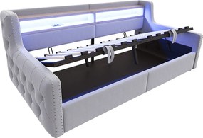 Leżanka 90x200 cm, łóżko dla dorosłych z miejscem do przechowywania, LED i portami USB – jasnoszary welur (bez materaca)