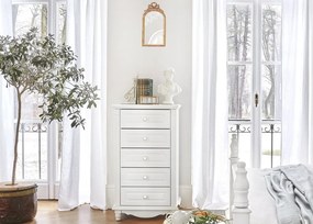 Elegancka biała komoda do sypialni Camilla. 5 szuflad, ozdobny gzyms,. Stylowe białe meble do sypialni i salonu Victoria.