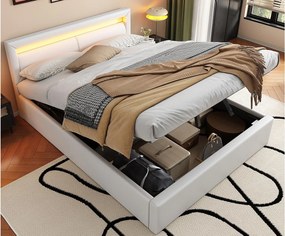 Łóżko ze schowkiem z diodą LED 140x200cm - z imitacji skóry - Białe