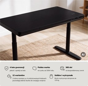 Biurko elektryczne sit-stand z szufladą i ładowarką bezprzewodową Qi czarne, 1200 mm: ELLIS