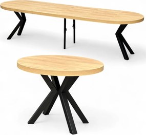Stół duży okrągły Dąb HIKORA Ø110 rozkładany do 310 cm Nogi Czarne Metal X