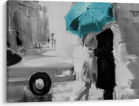 Obraz - Zakochana para z parasolem, niebieski (70x50 cm)