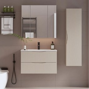 Zestaw do Łazienki 80cm Szafka z Umywalką Słupek Ryflowane Fronty Beż Piaskowy Cleo