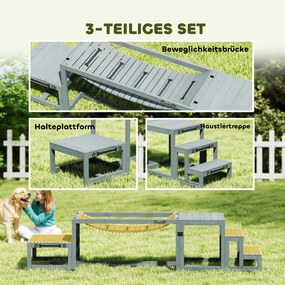 PawHut Zestaw agility dla psów 3-częściowy zestaw sprzętu agility z mostem, schodami, platformą, z drewna świerkowego, 117 x 50 x 56 cm, Szary | Aosom PL
