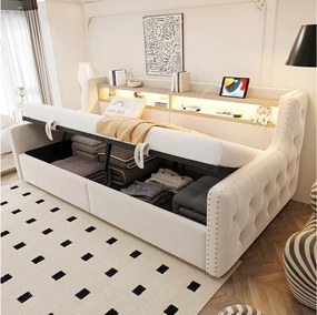 Sofa tapicerowana z funkcją spania i schowkiem hydraulicznym - 90 x 200 cm - z oświetleniem LED + schowkiem + gniazdkiem - welur - beż