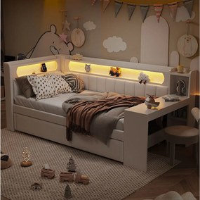 Sofa rozkładana - 90 x 200 + 90 x 190 cm - z oświetleniem LED + łóżko wysuwane + biurko + schowek - płyta MDF + len - biała