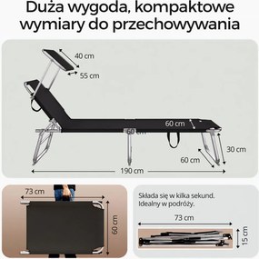 Leżak ogrodowy HAWAII z regulowanym daszkiem, 195x60x30cm, czarny Casaria
