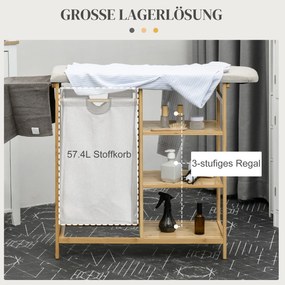 HOMCOM Segregator na pranie, multifunkcyjny, z deską do prasowania i workiem 57L, stelaż z bambusa, 113x34x82cm, naturalny/szary