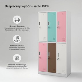 Szafka socjalna ubraniowa BHP 6-drzwiowa szaro-pastelowa, 900x1850x450 mm: IGOR