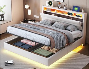 Łóżko z tapicerowanym zagłówkiem z lnu 140x200 cm - z gniazdem USB i LED - Beżowe