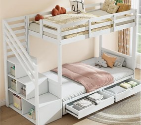 Łóżko piętrowe 90x200 cm - ze schodami ze schowkiem i barierką - z 2 szufladami - Białe (bez materaca)