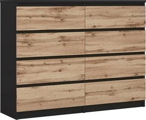 Komoda 8 szuflad: Czarny Mat / Dąb Wotan, 120 x 101 x 39 cm