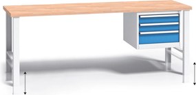 Stół warsztatowy z regulacją wysokości G3, 2000 x 685 x 840-1050 mm, 1x 3 szufladowy kontener, niebieski