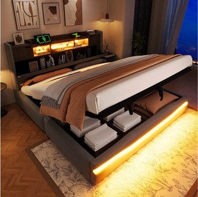 Łóżko tapicerowane z pojemnikiem - 180 x 200 cm - z USB-C + diodami LED - zagłówek ze schowkiem - len + płyta MDF - szare