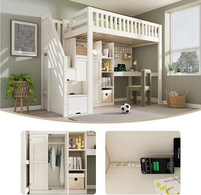 Łóżko piętrowe dla dzieci - 90 x 200 cm - z biurkiem + szafą + półkami + drabinką + portem USB - drewno - białe