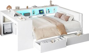 Łóżko dziecięce kombinowane - 140 x 200 - z półkami do przechowywania + 2 szuflady + oświetlenie LED + stolik - MDF - białe