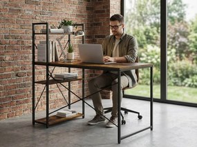 Biurko z regałem LOFTY 120x60 cm, czarne / rustykalnie brązowe