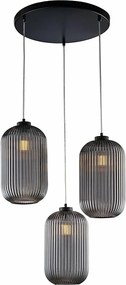 Lampa wisząca Krizia z czarnego lakierowanego żelaza z regulowanymi kablami i kloszami z lustrzanego szarego szkła dmuchanego z wytłoczonym wzorem w paski, 3 lampy