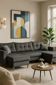 Narożnik z funkcją spania, ROMEO U , tkanina  Riviera 95 szara, wymiary 300 × 156 × 74 cm.