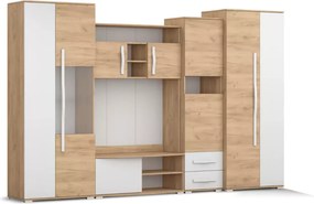 Meblościanka Tulia do salonu – nowoczesny zestaw mebli dąb craft złoty / biały połysk z LED