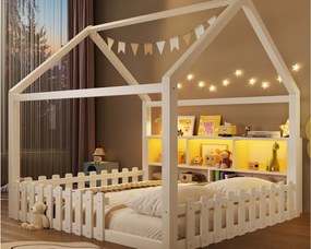 Łóżko domek dziecięcy 140x190 cm - z barierkami bezpieczeństwa - z taśmą LED - otwarte przegródki do przechowywania - biały (materac nie jest wliczony w cenę)