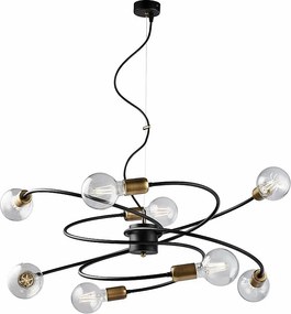 Vortex lampa wisząca czarne żelazo, szczotkowany mosiądz, regulowany kabel, 8 lamp, Ø70 cm
