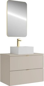 Wisząca szafka łazienkowa z kwadratową umywalką nablatową, baterią i lustrem – Beżowa – 80 cm – ONDIL