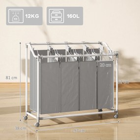 HOMCOM Kosz na pranie z 4 przegródkami 160 L z kółkami, wyjmowany worek na pranie, 97 x 38 x 81 cm, Szary