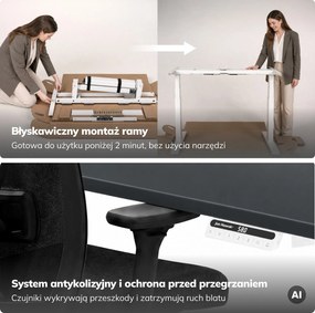Biurko elektryczne z regulacją wysokości ergonomiczne biało-antracytowe,1200x600 mm: ARIA