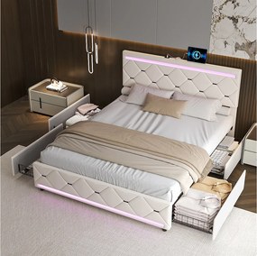Pikowane łóżko z beżowego aksamitu 140x190 cm z bocznymi szufladami, oświetleniem LED RGB i wbudowanymi portami USB