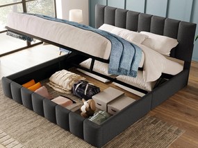 Łóżko lniane tapicerowane 140x200cm z regulowanym zagłówkiem - podstawa z listew - Szare