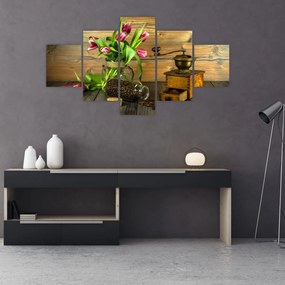 Obraz - tulipany, młynek i kawa (125x70 cm)